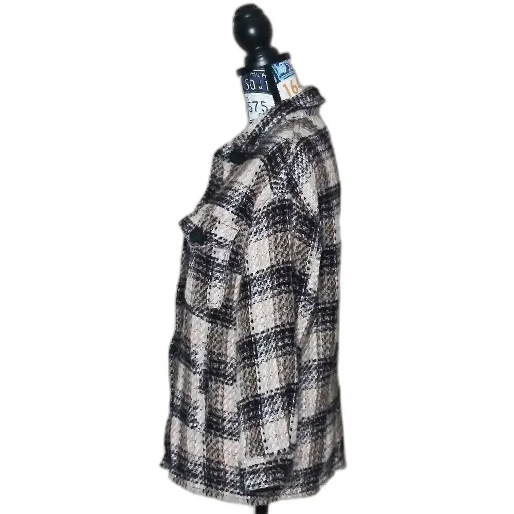 ZARA Tweed Plaid Button Up Shacket M Chunky Overshirt Jacket Oversized Neutral